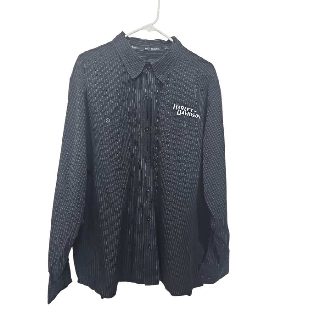 Harley-Davidson Long Sleeve Button Down Pinstripe Black & Gray Embroided Stripe